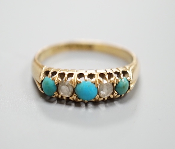 A late Victorian 18ct gold, three stone turquoise and two stone diamond set half hoop ring, size P, gross weight 3.8 grams.